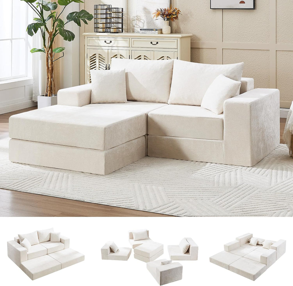 79" Boneless Cloud Loveseat Sofa Couch, Modular Foldable Floor Sofa with Ottoman, Chenille Lounge Convertible Sofa Bed for Living Room, No Assembly, Beige