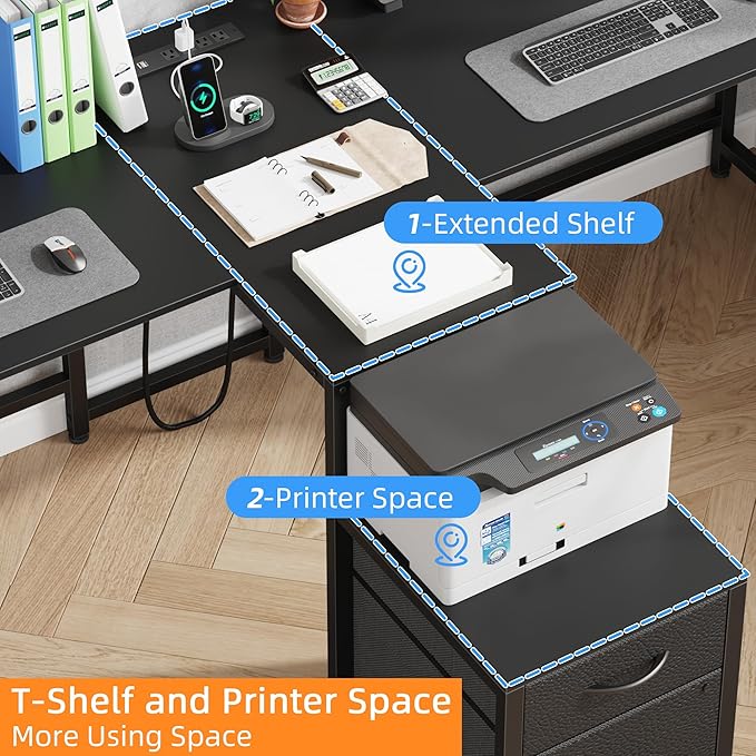 T-Shaped 2 Person Desk with Power Outlet, Long Two Person Gaming Table with LED & Fabric Drawers, 81.2'' Computer Desks with File Cabinet, Double Workstation for Home Office, Black