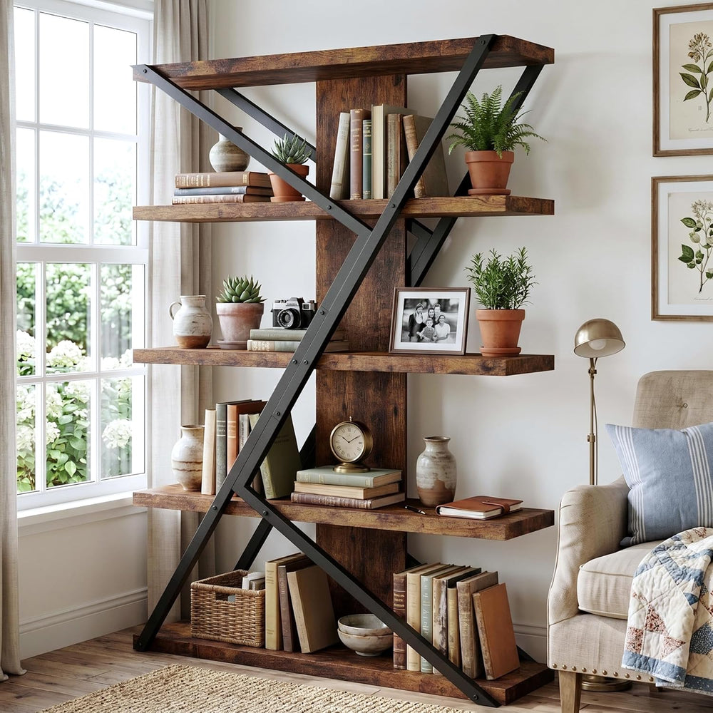 FUSUNBAO 5-Tier Industrial Bookshelf, Tall Wood and Metal Bookcase,Brown