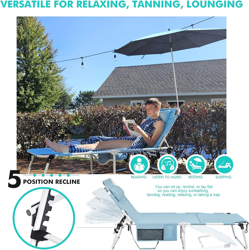 Tanning Chair with Umbrella UPF 50+ Adjustable, Heavy Duty Folding Chaise Lou...