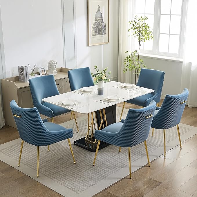 Velvet Dining Chairs Set of 2 Gold Legs,Upholstered Velvet Accent Chairs, Pleated Back Design & Gold Pull Handle, Mid Century Modern Chairs for Dining/Kitchen/Living Room,Light Blue