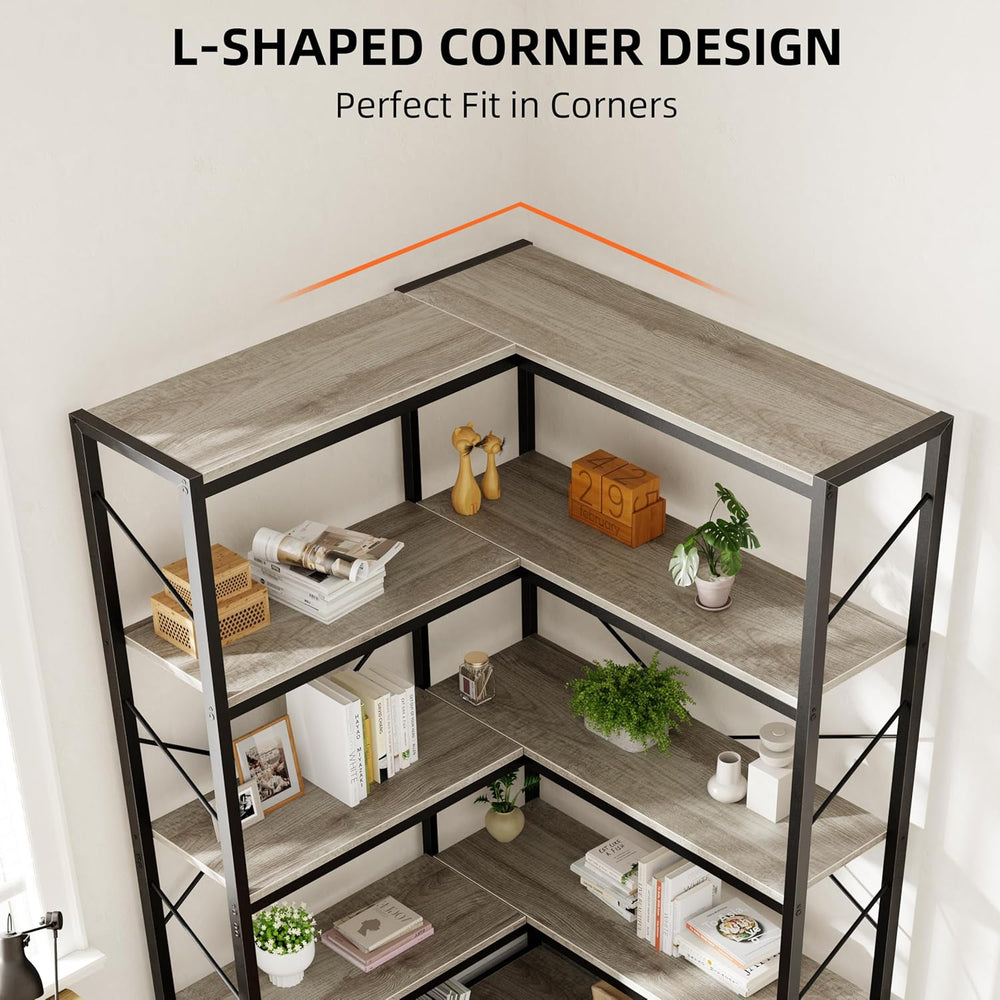 Shintenchi 5 Tier Corner Bookshelf, L Shaped Large Bookcase, Grey