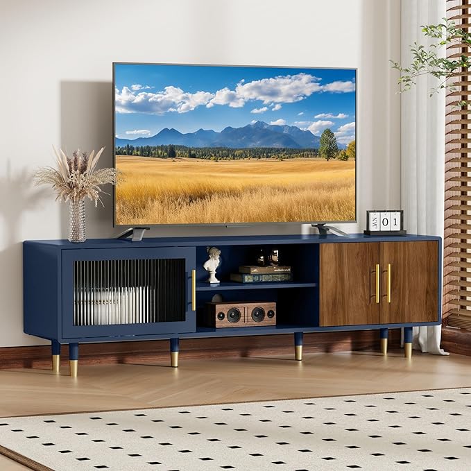 66” TV Stand with Glass Sliding Door, Mid Century Modern TV Cabinet for TVs up to 75 inch, Entertainment Center with Storage Cabinet, Television Console for Living Room, Bedroom, Blue