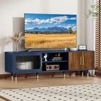 66” TV Stand with Glass Sliding Door, Mid Century Modern TV Cabinet for TVs up to 75 inch, Entertainment Center with Storage Cabinet, Television Console for Living Room, Bedroom, Blue