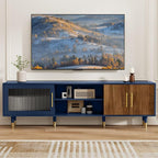 66” TV Stand with Glass Sliding Door, Mid Century Modern TV Cabinet for TVs up to 75 inch, Entertainment Center with Storage Cabinet, Television Console for Living Room, Bedroom, Blue