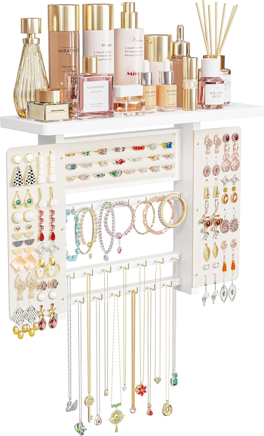 Emfogo Jewelry Organizer Hanging Wall Mounted Jewelry Holder, 5-in-1 Large Capacity Necklace Organizer Wall Hanging Jewelry Display for Ring, Necklaces, Bracelets, Earrings (White)