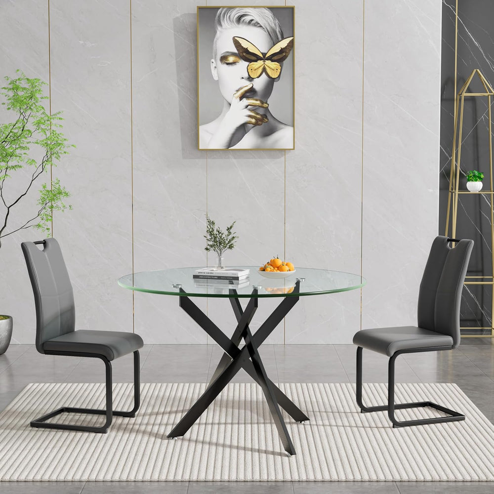 47.25 Inch Round Glass Dining Table Set for 2, Modern 3 Piece Dining Room Tab...