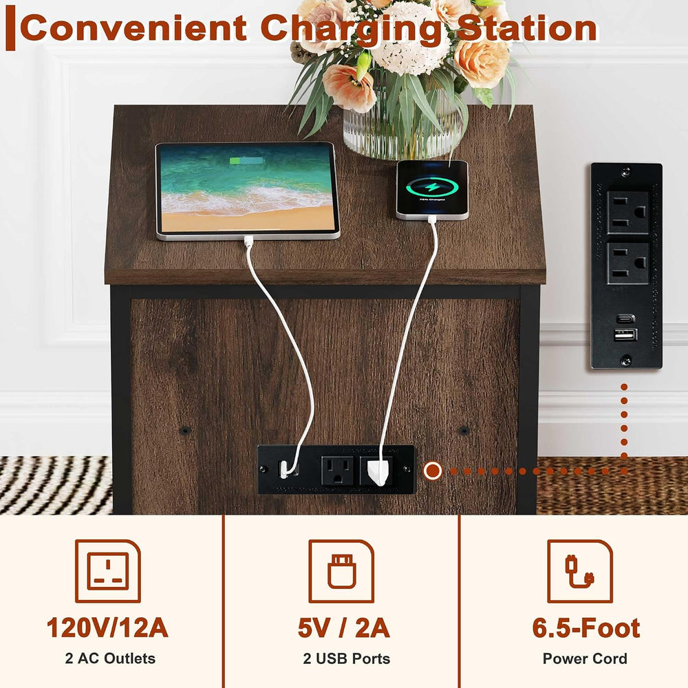 FATORRI End Table with Charging Station, Farmhouse Side Table with Drawer, Ru...