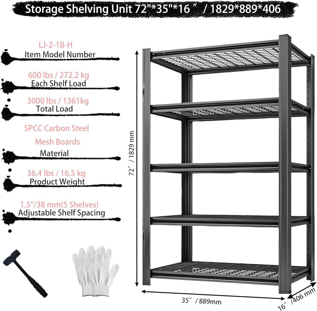 Storage Shelving Unit Heavy Duty Garage Shelves 5-Tier Metal Organizer Utility Rack 2750LBS for Kitchen Pantry Basement Pantry Warehouse Laundry Black 72" H x 35" W x 16" D