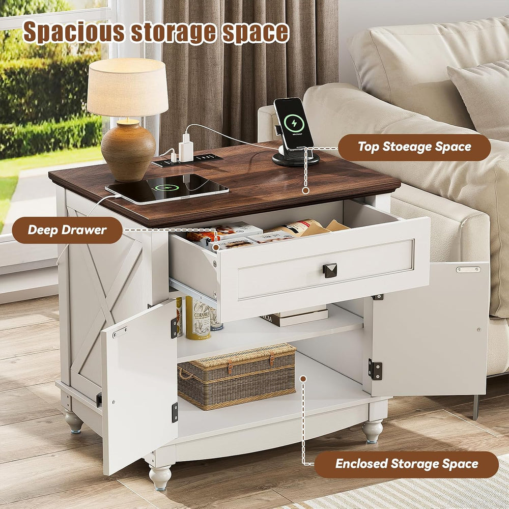 Farmhouse End Table with Charging Station, 24inch White Nightstand with Door ...