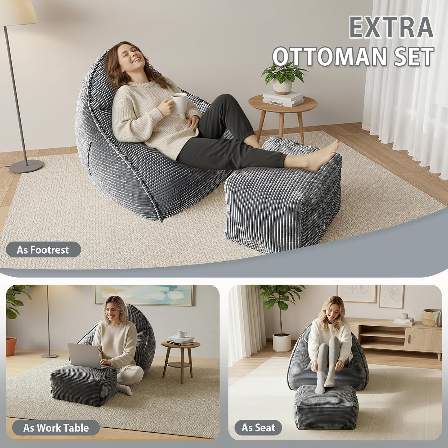 Bean Bag Chair with Ottoman, Bean Bag Sofa,Accent Chairs,Corduroy Fabric, Comfortable Reading Chairs for Living Room, Bedroom, Reading Nook,Modern Lounge Reclining Chair with Footrest (GRAY, Medium)