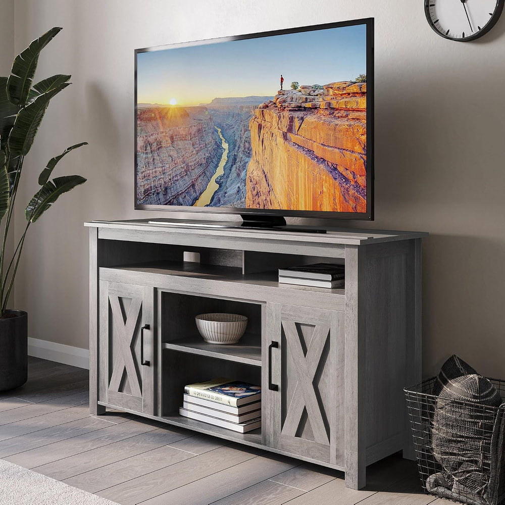 BELLEZE Modern 48 Inch Barn Door Wood TV Stand & Media Entertainment Cent...