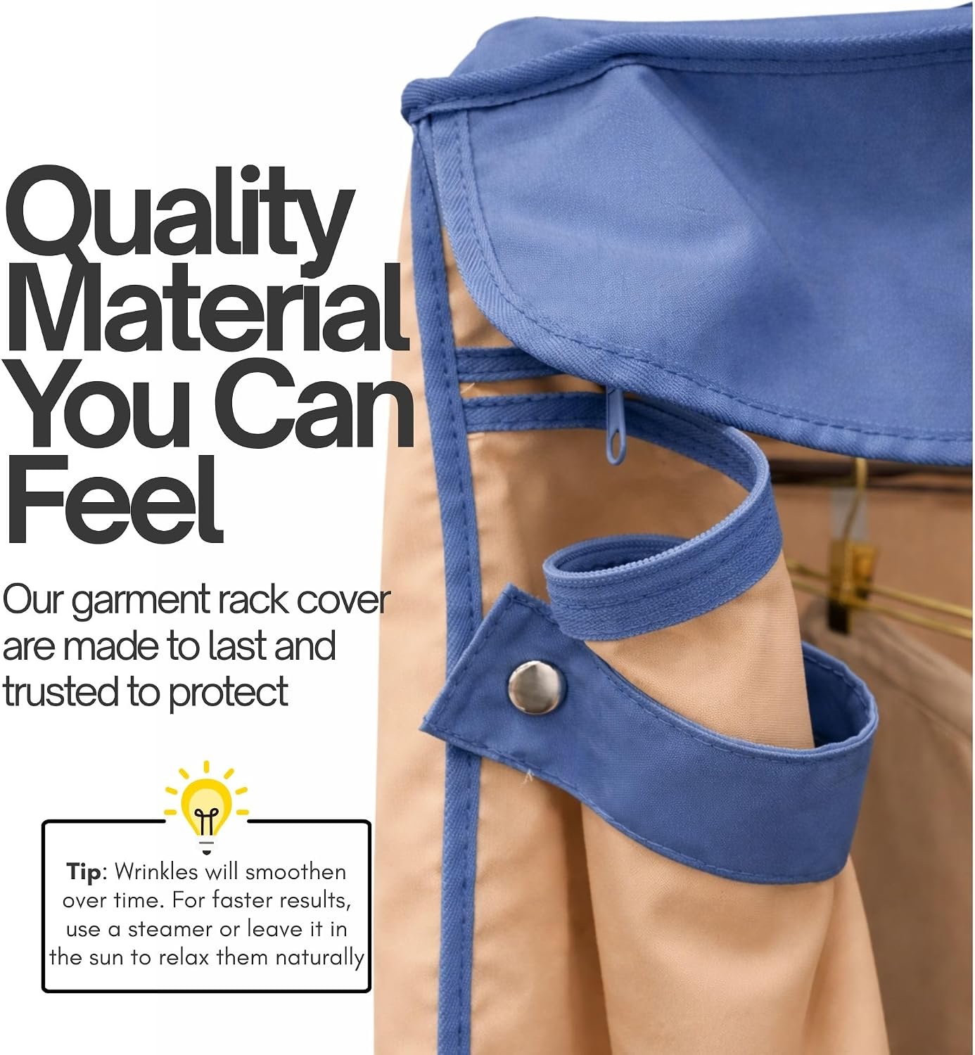 Formosa Covers Portable Garment Rolling Rack Cover - Protect Your Clothes from Dust Keep Your Room Looking Organized (Cover Only) (Beige Khaki with Dusty Blue Trim, 36" W x 14" D x 72" H)
