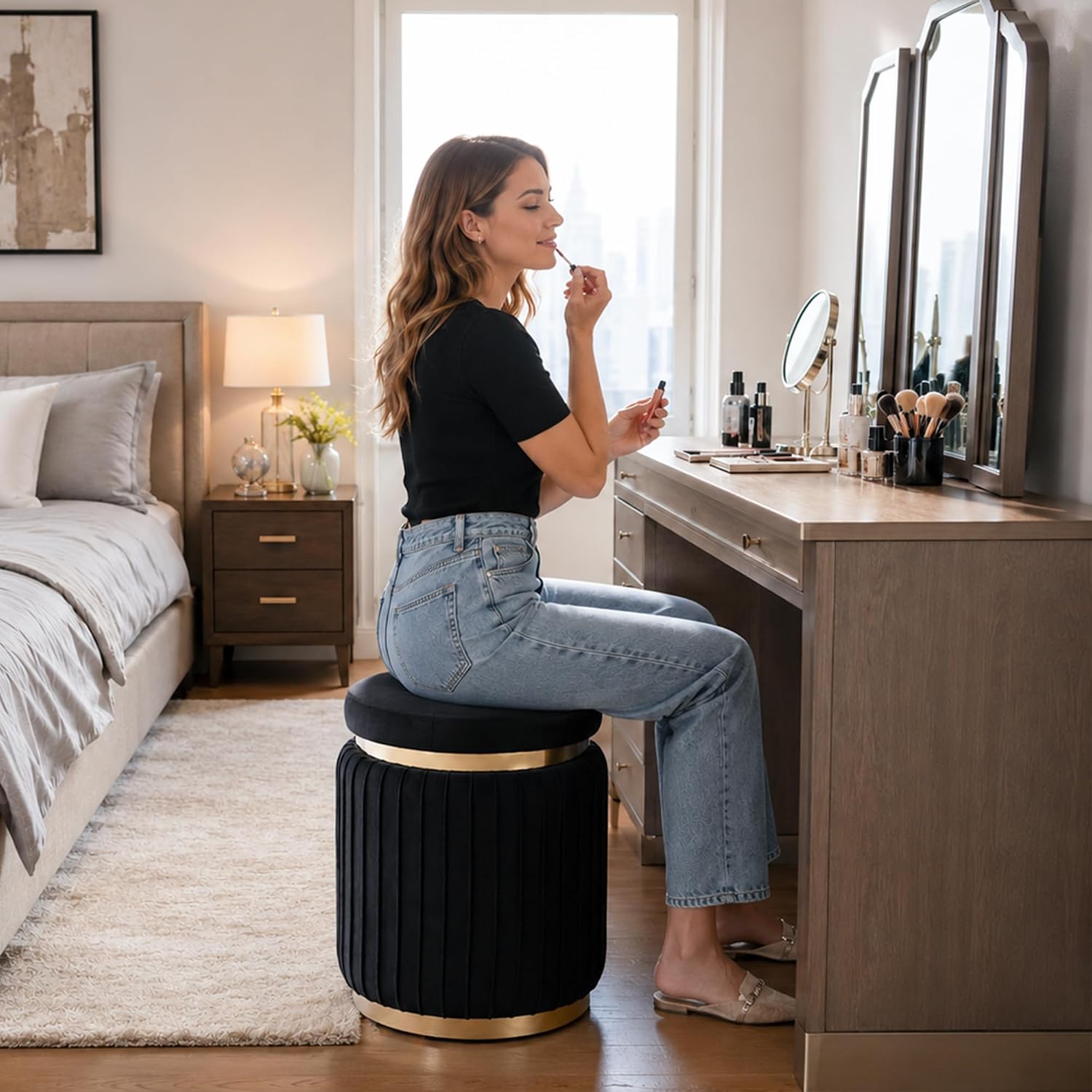 Round Vanity Stool Ottoman, Black | Velvet Upholstered, Small Foot Stool with Gold Trim, Stainless Steel Base, For Bedroom, Living Room, Entryway