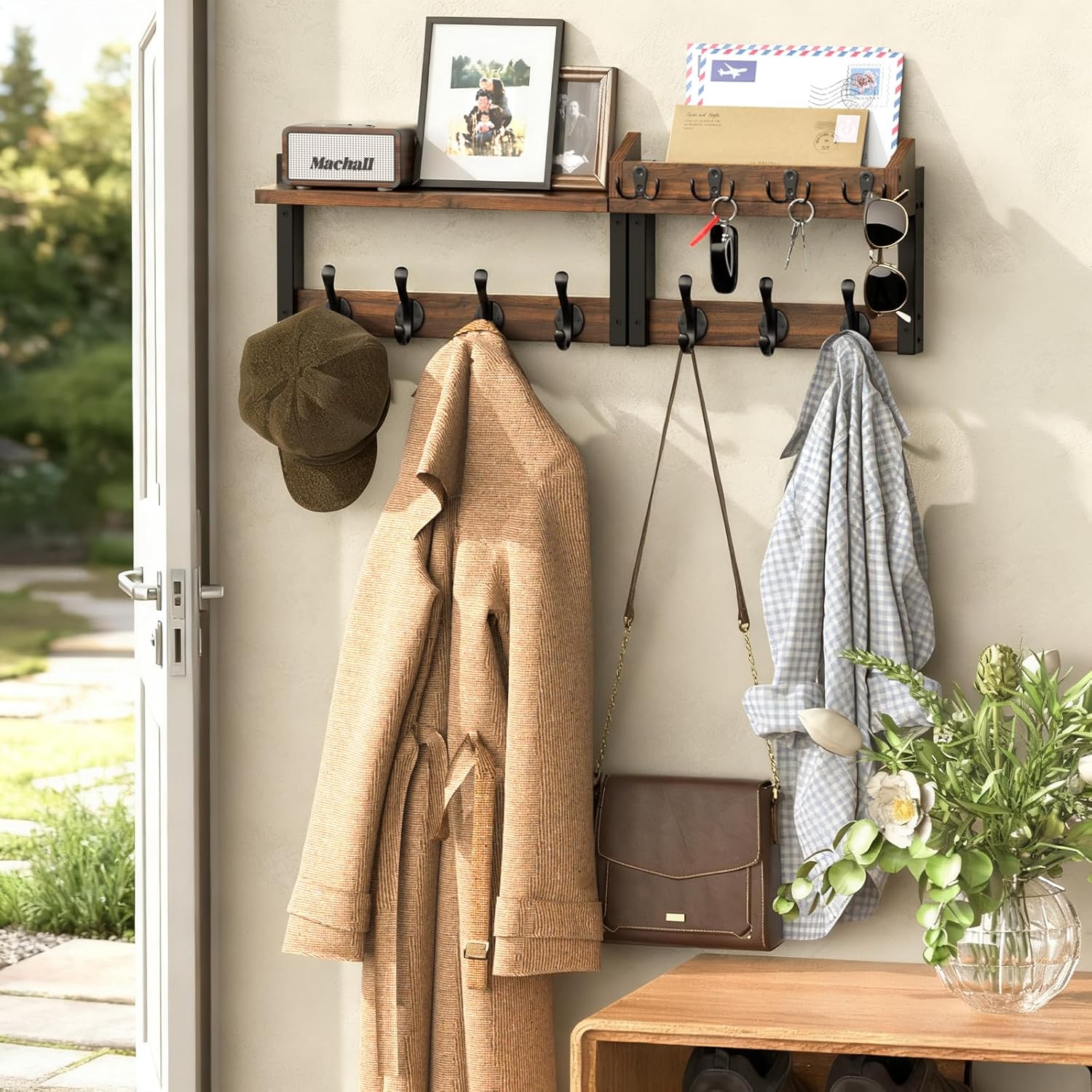 29'' Rustic Coat Rack Wall Mount with Shelf and Key Hooks, Solid Wood Key Holder Wall Mount, Farmhouse Wall Organizer for Mail, Entryway Wall Hangers for Hats, Clothes, Backpacks, Dog Leashes, Mudroom
