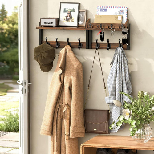 29'' Rustic Coat Rack Wall Mount with Shelf and Key Hooks, Solid Wood Key Holder Wall Mount, Farmhouse Wall Organizer for Mail, Entryway Wall Hangers for Hats, Clothes, Backpacks, Dog Leashes, Mudroom