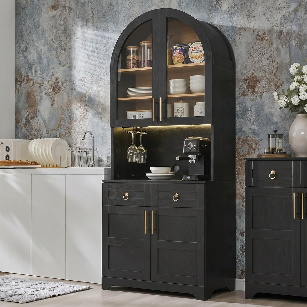 74.8" Tall Arched Kitchen Pantry with Power Outlet & LED Light, Kitc...