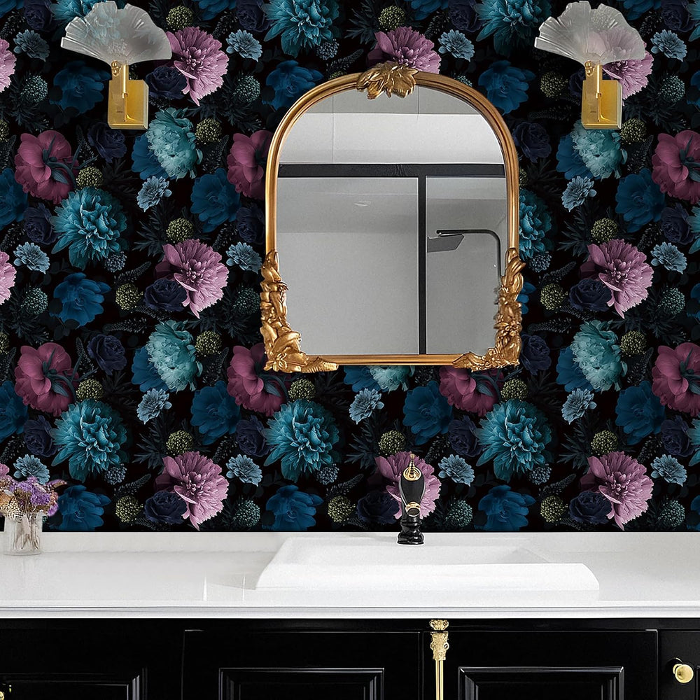 Livelynine 17.5x591" Black Floral Wallpaper Peel and Stick Moody Dark Vi...
