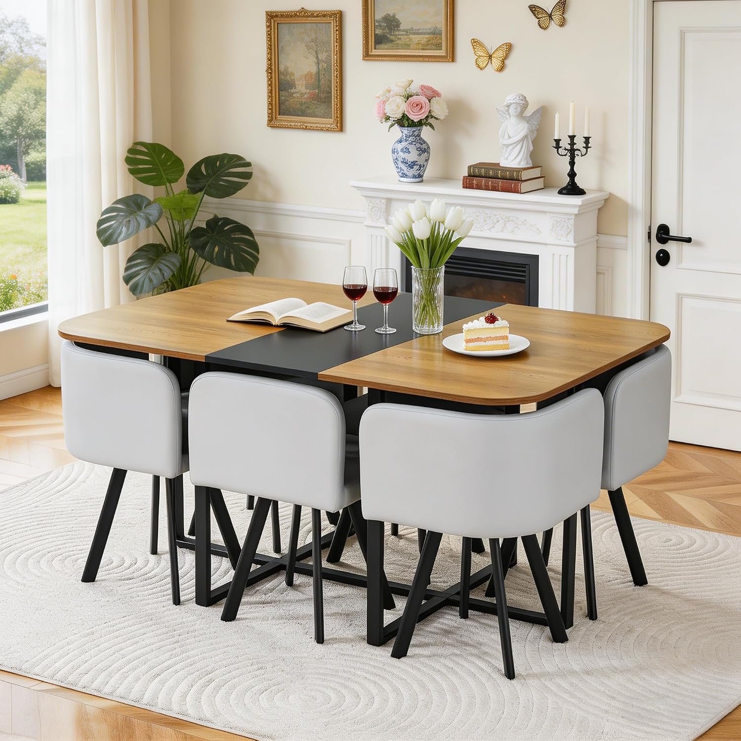 Hommoo 7-Piece Dining Table & Chairs Set for 6, 59” Rectangular Kitchen Table with 6 Chairs PU Leather Upholstered, Space-Saving Dining Room Table with Metal Frame Black Wood Table and Grey Chair