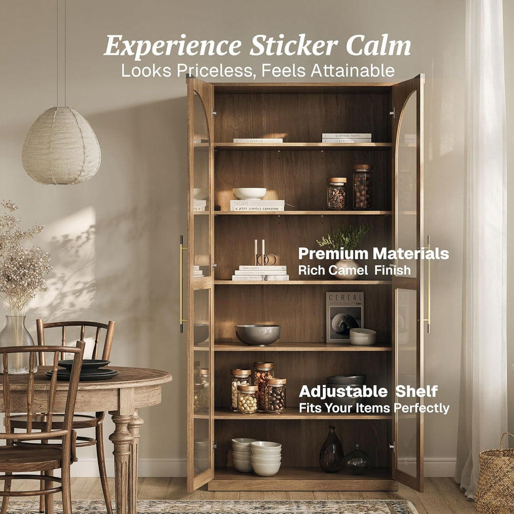 BELLEZE 67" Tall Glass Display Cabinet, Modern Wood Curio Cabinet Bookca...
