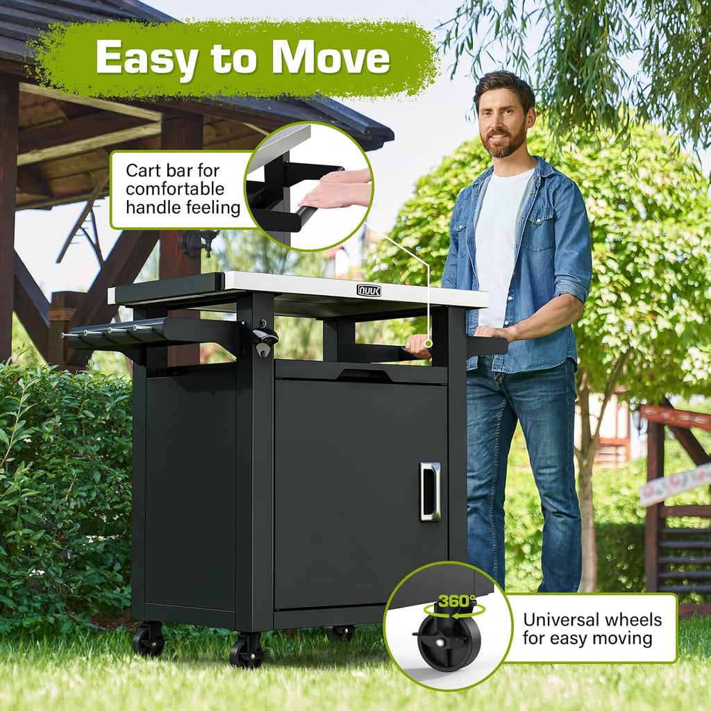 NUUK Grill Table with Storage Cabinet, Outdoor Bar Cart Pizza Oven Table with Wheels, Stainless Steel Top Kitchen Island 20" x 30" Rolling Prep Station for Indoor, BBQ, Deck, Backyard