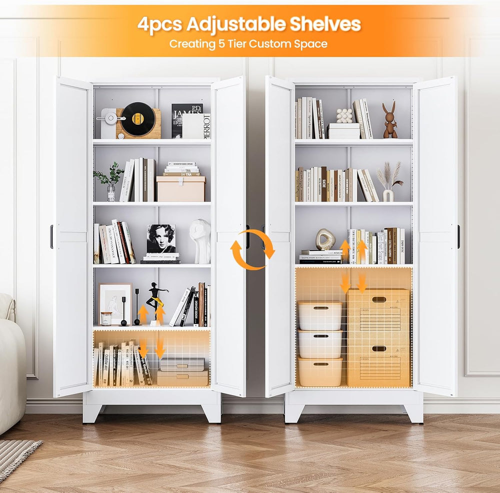 Metal White Storage Cabinet with 2 Doors and 4 Adjustable Shelves, 75" T...