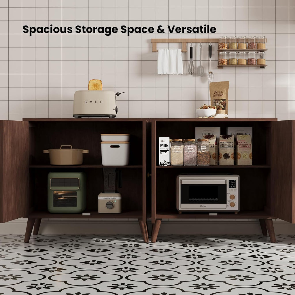 HOMPUS 3 Pieces Sideboard Buffet Cabinet, 32" Accent Cabinet with Doors & Shelves, Storage Cabinet with Honeycomb Pattern Doors, Modern Console Table for Kitchen, Living Room, Easy Assemble,Walnut