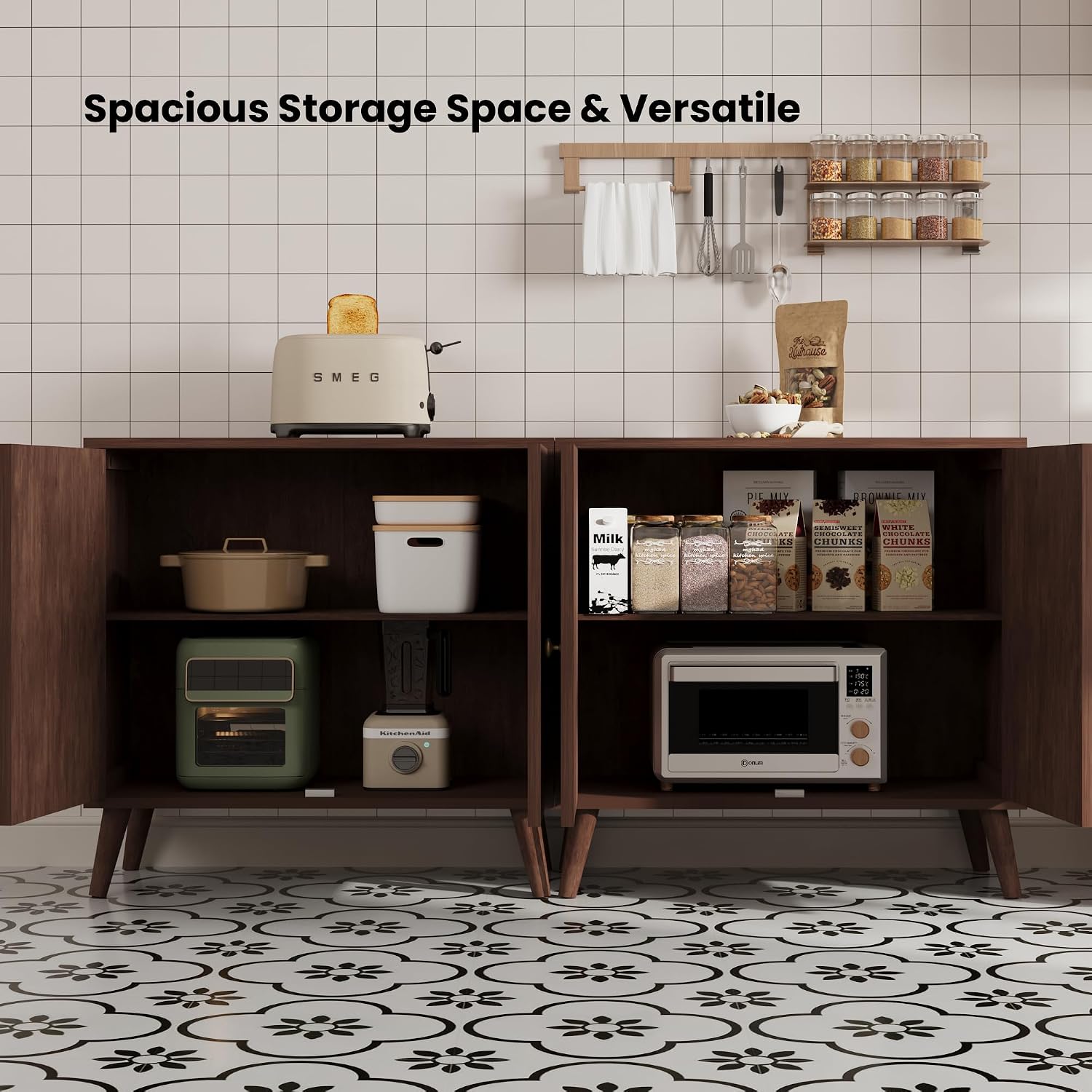 HOMPUS 3 Pieces Sideboard Buffet Cabinet, 32" Accent Cabinet with Doors & Shelves, Storage Cabinet with Honeycomb Pattern Doors, Modern Console Table for Kitchen, Living Room, Easy Assemble,Walnut