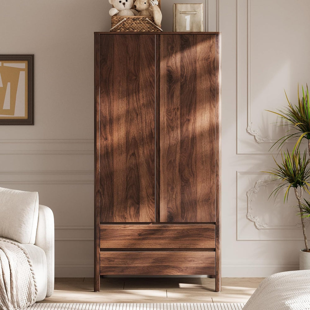 MAISONARIA Wardrobe with 2 Doors and 2 Drawers, 70.9”H Modern Walnut Bedroom ...