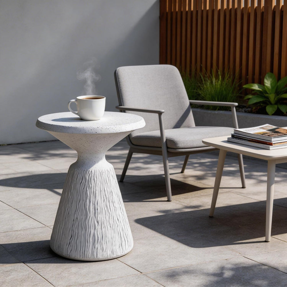 IRONORA Textured Concrete Accent Side Table, Hourglass Shaped Round Outdoor E...