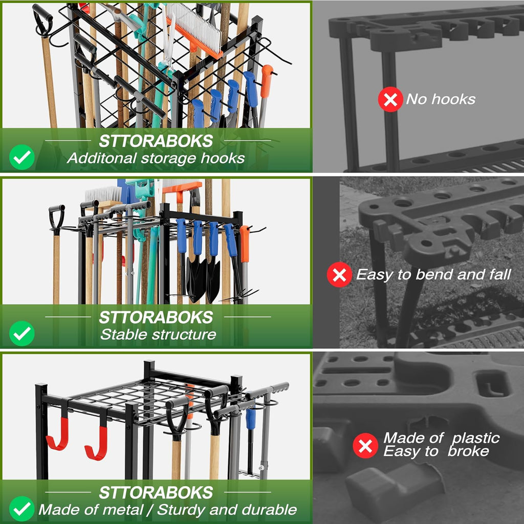 Garden Tool Organizer Rack Up to 50 Tools, Heavy-Duty Steel Yard Tool Organizer for Garage Storage with 11 Hooks, Broom Holder & Garden Tool Rack for Shed, Patio, Outdoor Use, Black