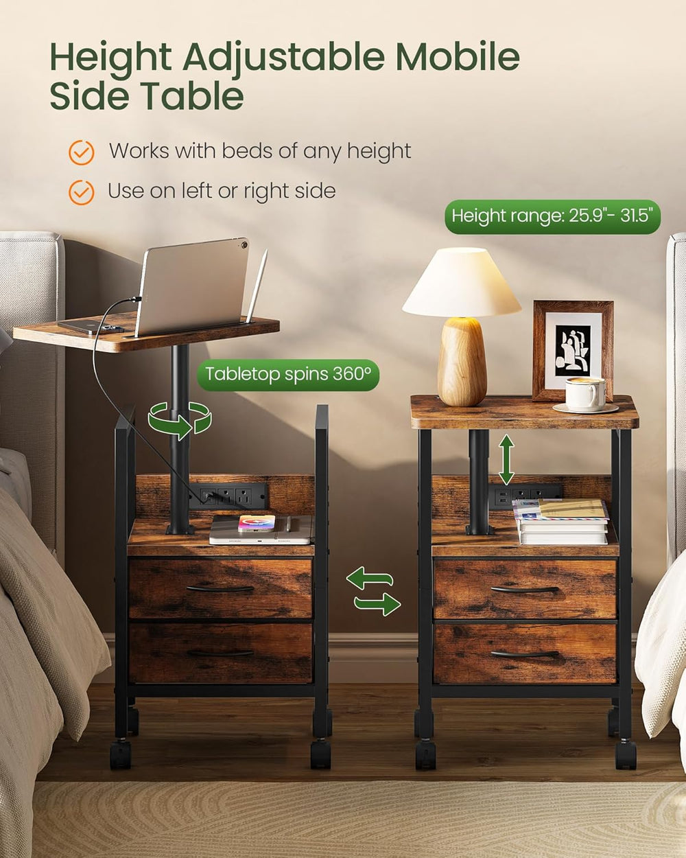 Height Adjustable Side Table with Swivel Tabletop, End Table with Charging St...
