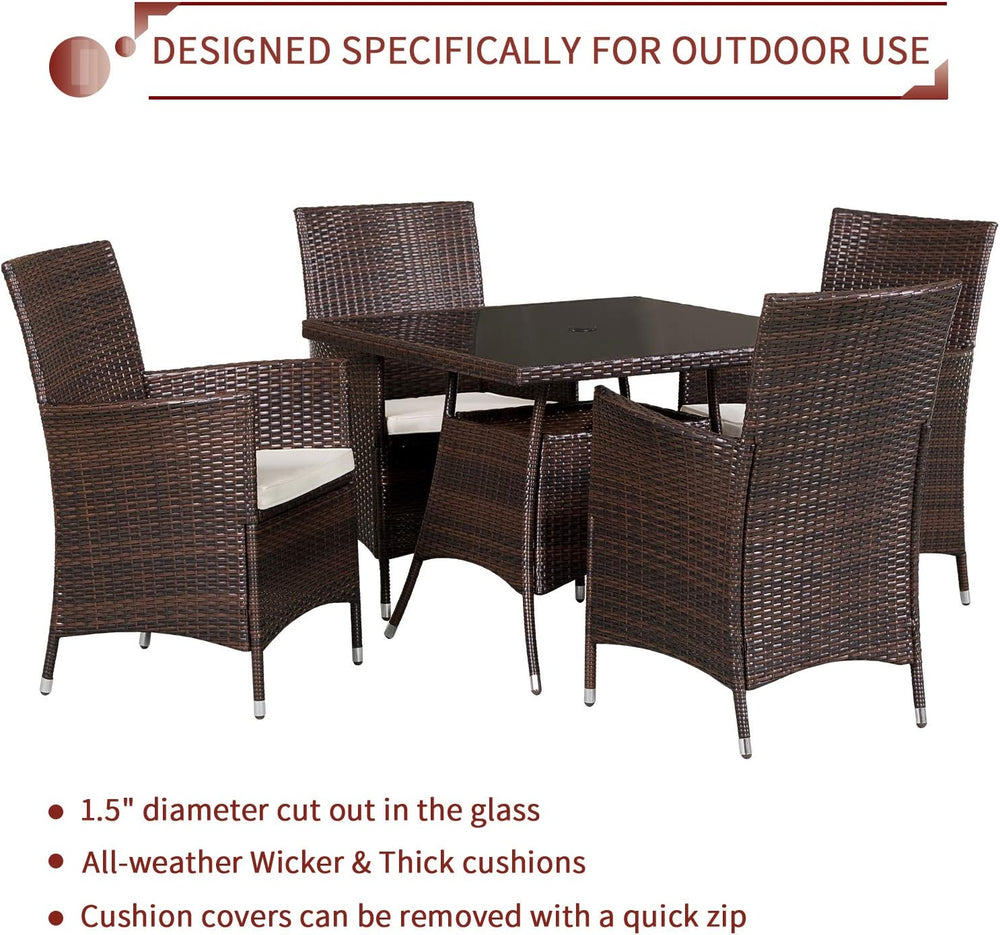 5-Piece Patio Furniture Outdoor Wicker Dining Set Table and 4 Chairs, Square ...