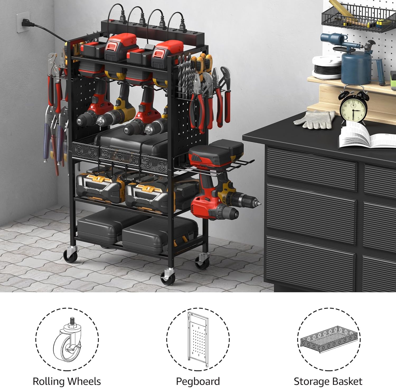 CCCEI Power Tool Organizer Cart with Charging Station, Garage Floor Rolling Storage Cart on Wheels for Mechanic, Mobile 6 Drill, Tool Box Utility Cart with Battery Charging Power Strip, Black