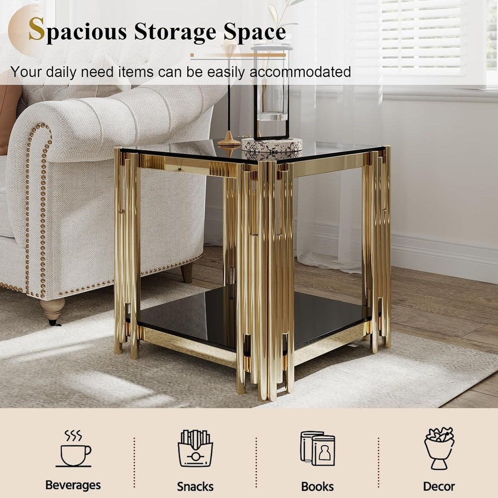 Luxury Gold Glass End Table,Sqaure Sofa Side Table with Shiny Geometric Stain...