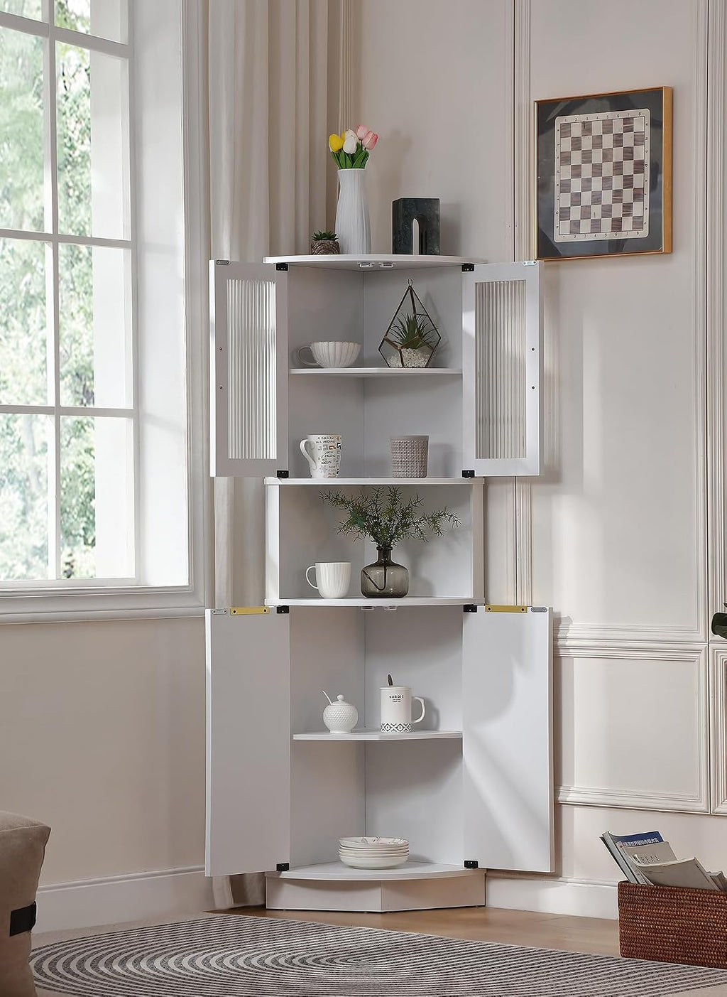 FOREST GRAVITY Modern Corner Storage Cabinet with Fluted Doors | For Kitchen; For Bathroom; Glass Doors; Fluted Design; Large Storage; Pentagon Design; White