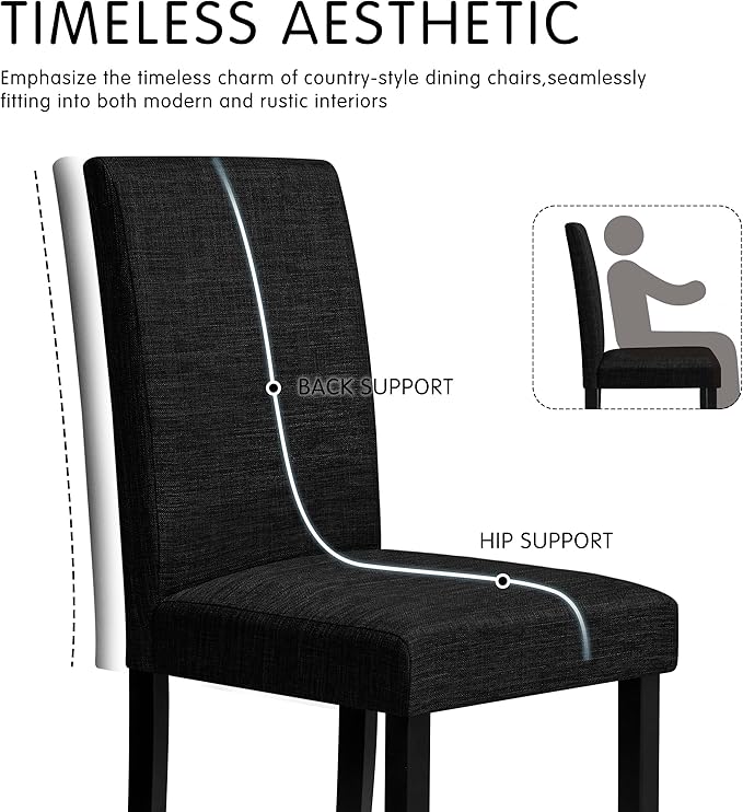 CHUN YI Upholstered Dining Chairs Set of 2, Fabric Dining Room Chairs with Solid Wood Legs, Modern Parson Chairs for Kitchen, Restaurant, Hotel, Black