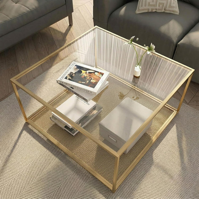 Gold Glass Coffee Table, Square Coffee Tables with Storage Shelf, Simple Tea Cocktail Modern Center Tables for Small Space, Living Room, Easy Assembly, 26 * 26in（Gold）
