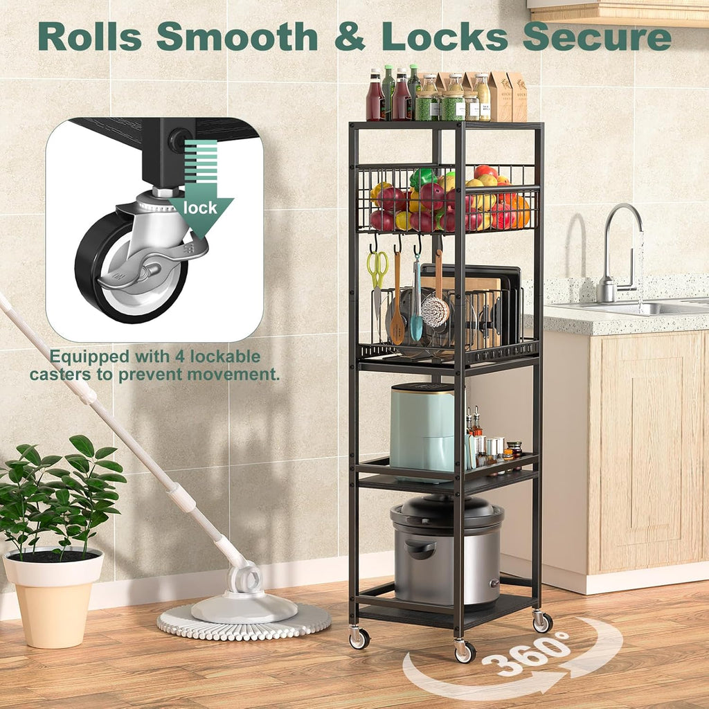 Housolution 5 Tier Kitchen Rolling Cart, Storage Cart with Metal Fruit Vegetable Basket and Pull-Out Pot Lid Cutting Board Organizer, Storage Rack with Wooden Top for Kitchen, Pantry, Bathroom