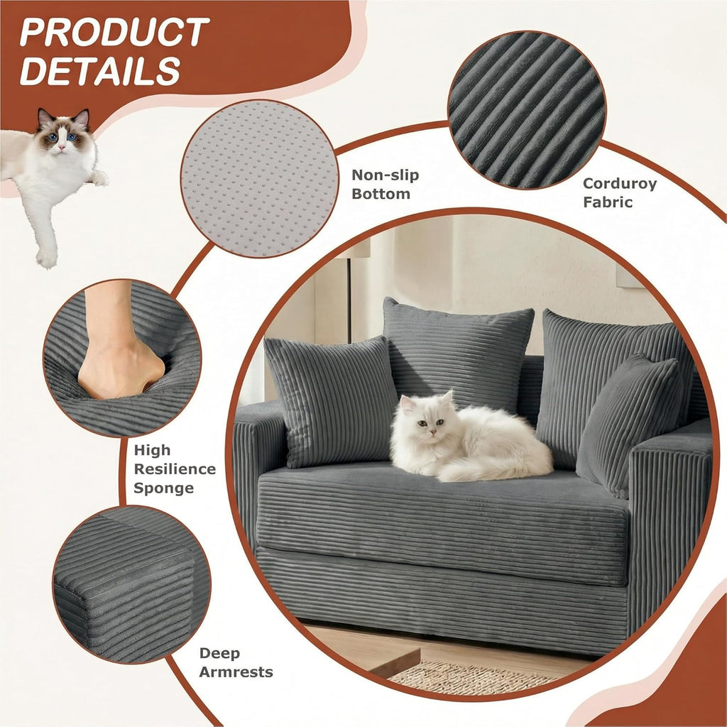 Convertible Sofa Bed, 5 in 1 Small Boneless Couch Pull Out Loveseat Sleeper Sofa,Corduroy Futon Couch Folding Mattress with 4 Pillows for Living Room