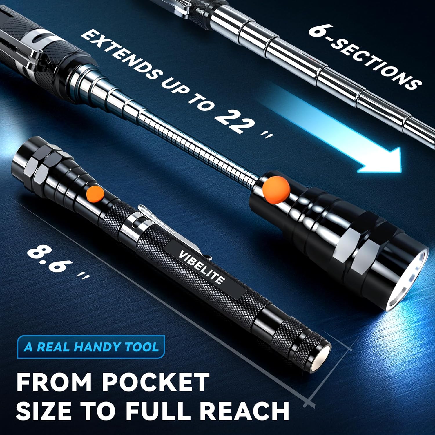 VIBELITE Extendable Magnetic Flashlight with Telescoping Magnet Pickup Tool-Cool Gadget Christmas Gifts Stocking Stuffers for Men, Teen Boys, Husband, Dad, Father, Mechanic, Him, Women, Black