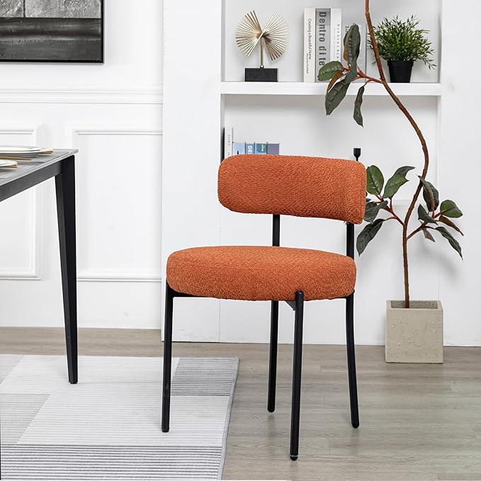DYHOME Dining Chair One Chair for Kitchen Dining Room,Upholstered Modern Boucle Dining Chair with Black Metal Legs Curved Backrest, Orange