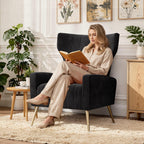 Luxanimarion Velvet Accent Chair Wingback for Living Room, High Back Arm Chair with Golden Legs Lumbar Pillow, Upholstered Single Sofa Bedroom Black
