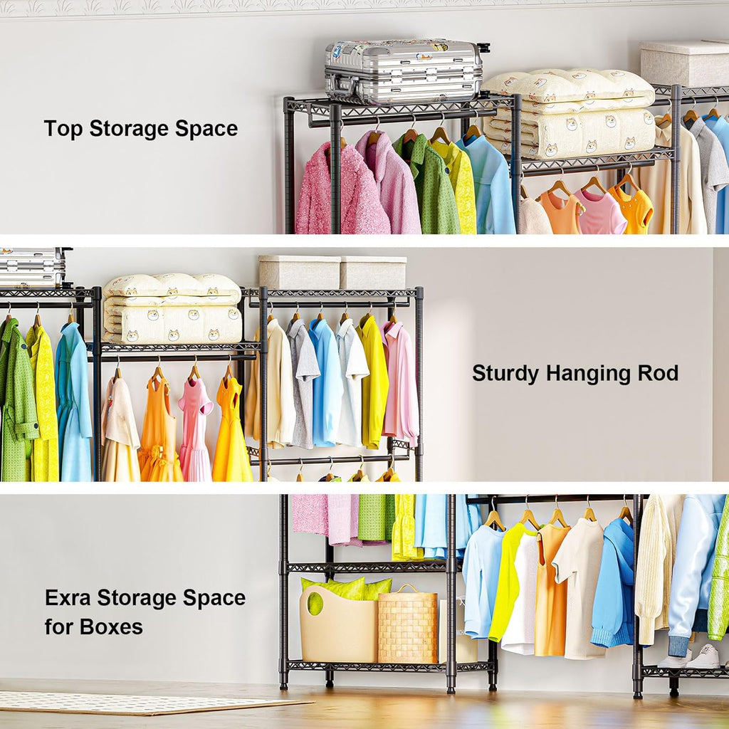 Heavy Duty Rolling Garment Rack 3 Tiers Adjustable Wire Shelving Clothes Rack with Rods Storage Closet Clothing Rack Black 15.7" D x 70.8" W x 76.5" H