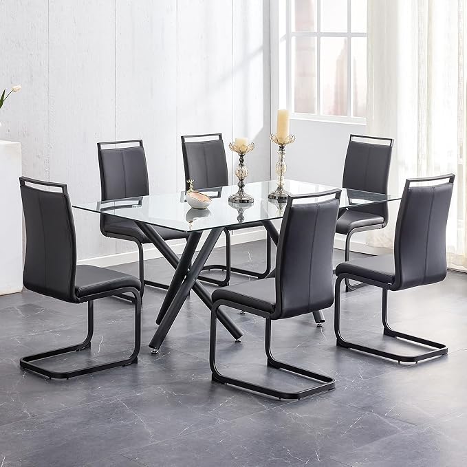 AZmac Modern Leather Dining Chairs Set of 6,Armless Kitchen Chairs,Dining Room Chairs with Upholstered Padded Seat and Sturdy Black Legs for Dining Room,Kitchen (Set of 6, Black-Black Leg)