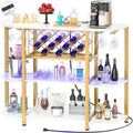 Unikito 4-Tier Coffee Bar Cabinet with Outlet, LED Light & Glass Holder | Metal Frame, Wine Storage, Bakers Rack, Floor Bar Table for Kitchen Dining Room, White and Gold