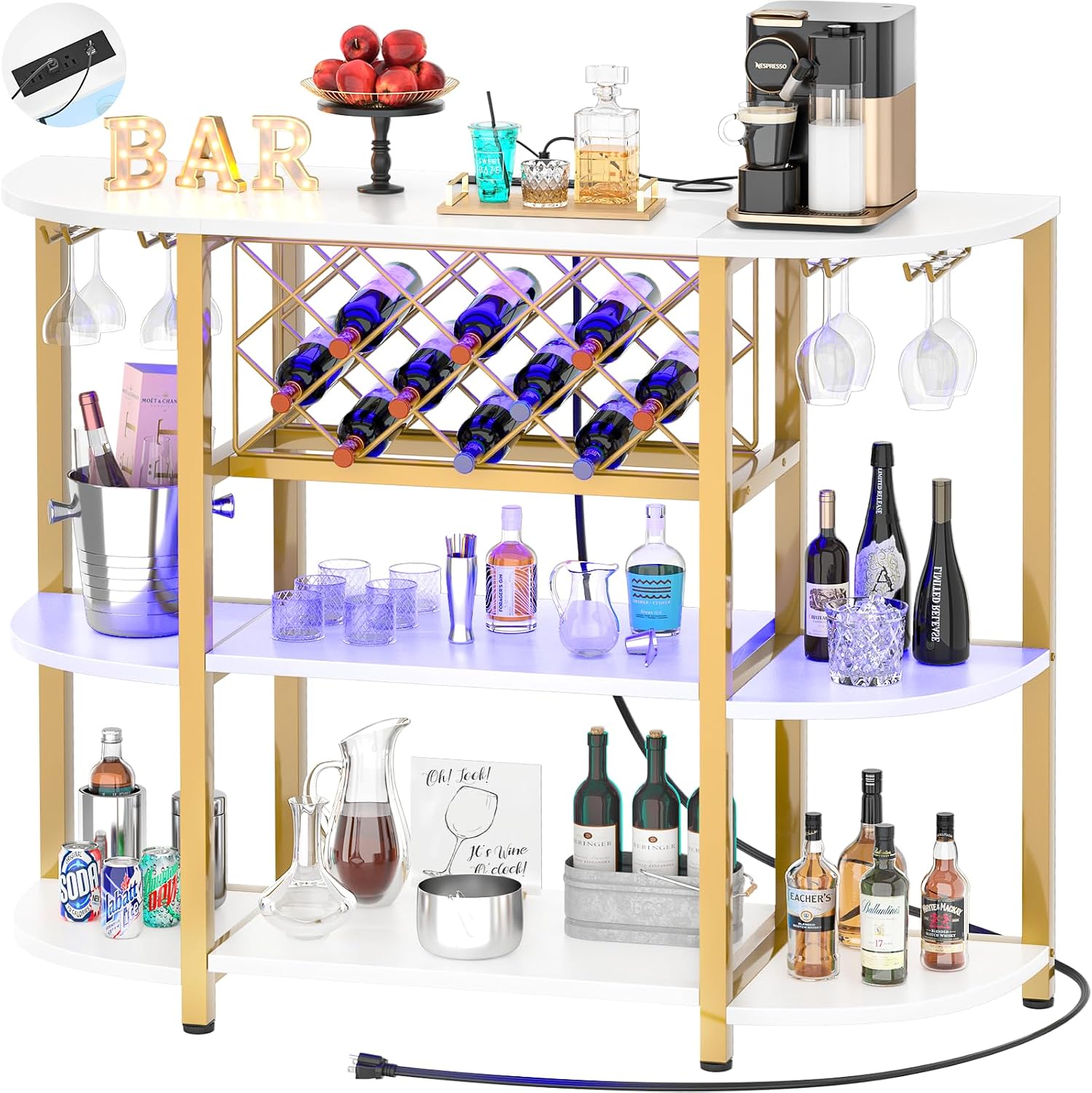 Unikito 4-Tier Coffee Bar Cabinet with Outlet, LED Light & Glass Holder | Metal Frame, Wine Storage, Bakers Rack, Floor Bar Table for Kitchen Dining Room, White and Gold