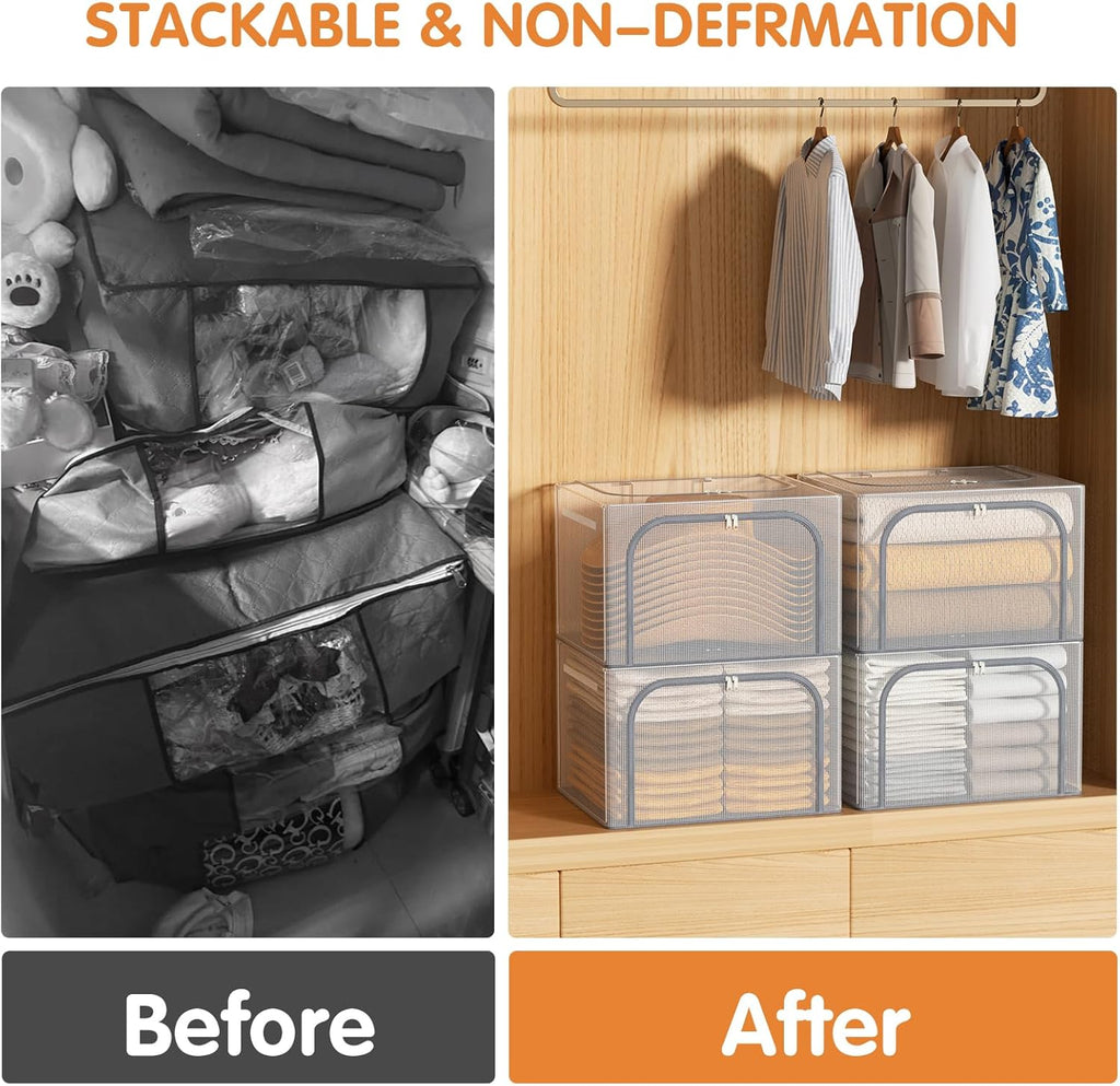 Large size 66L Fully Transparent Openings Clothes Storage Bins with Metal Frame, Stackable & Foldable Storage Box with Lids, Closet Organizers, Cap, Sweater.(19.7x 15.75 x 13 Inches)