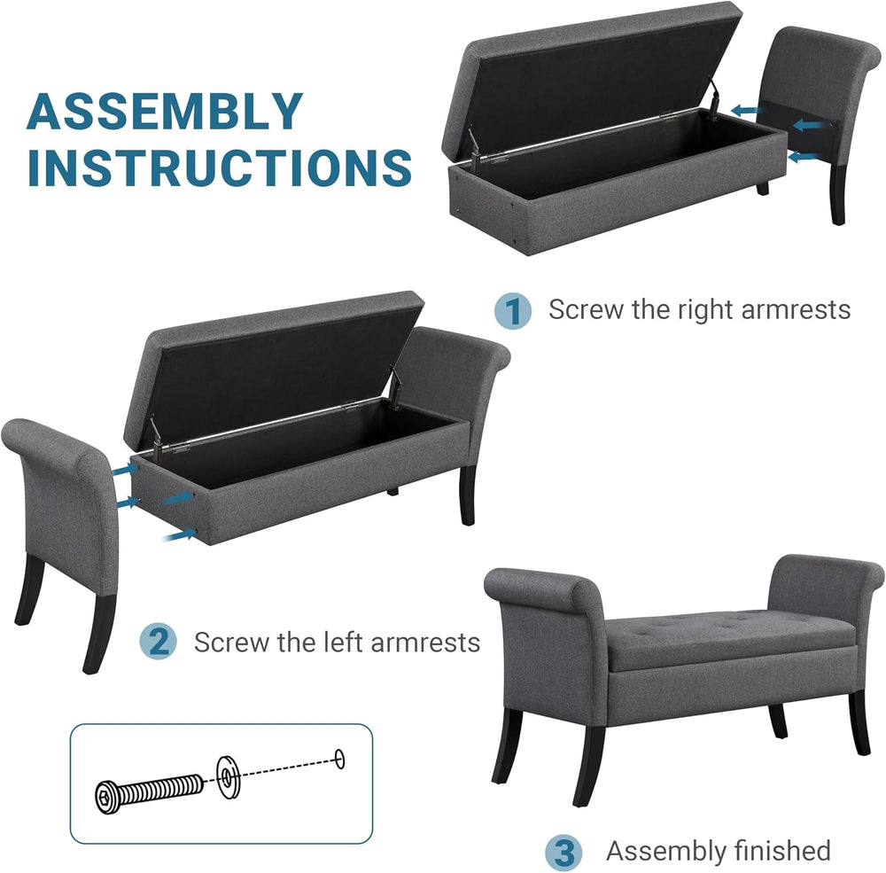 Yaheetech 52" Storage Ottoman Bench for Bedroom, Rolled Arm, Dark Gray