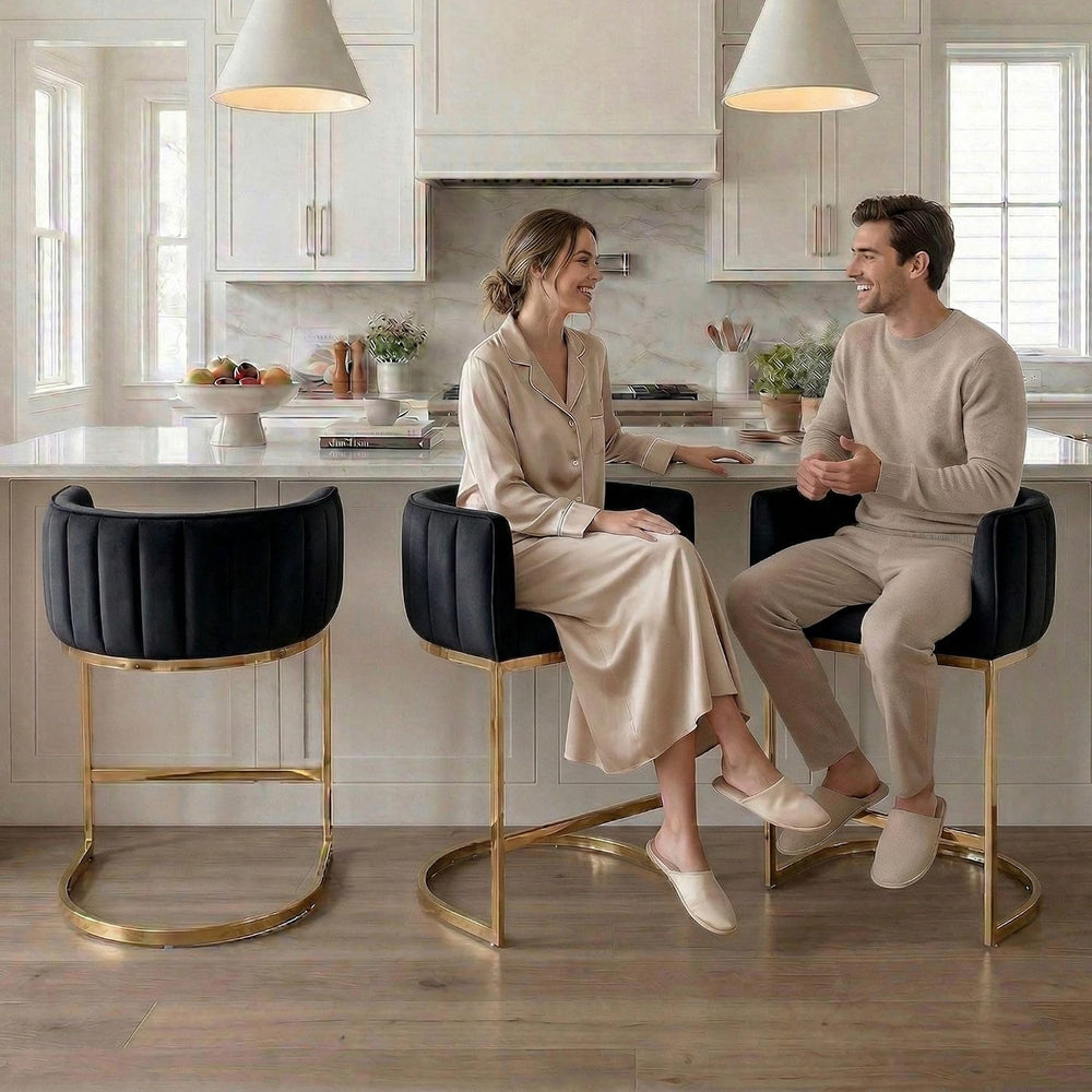 Hyfirm Set of 3 Black Velvet Counter Height Bar Stools Gold Base